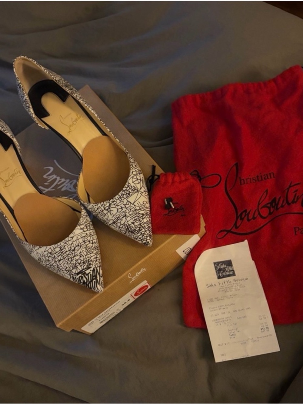 Christian Louboutin White & Black Graphic Pointed-Toe Pumps